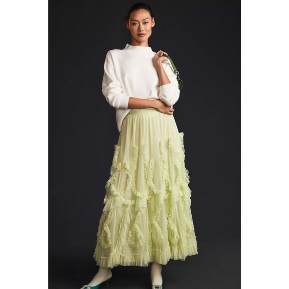 Anthropologie Dresses & Skirts - By Anthropologie Ruffled Tulle Skirt Green Midi Maxi XXS